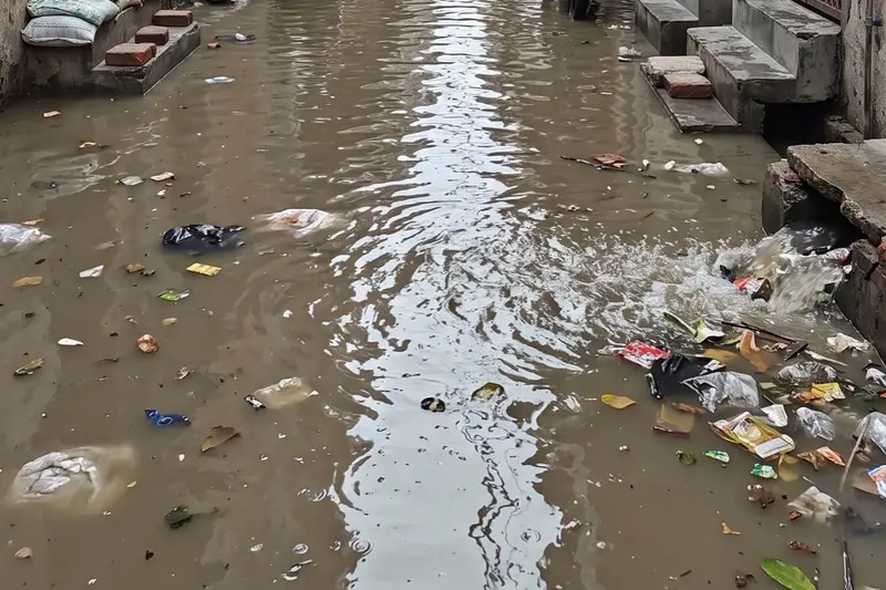 A Delhi lane under standing water and floating plastic