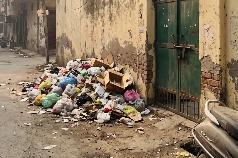 A garbage heap against a wall in a Delhi lane